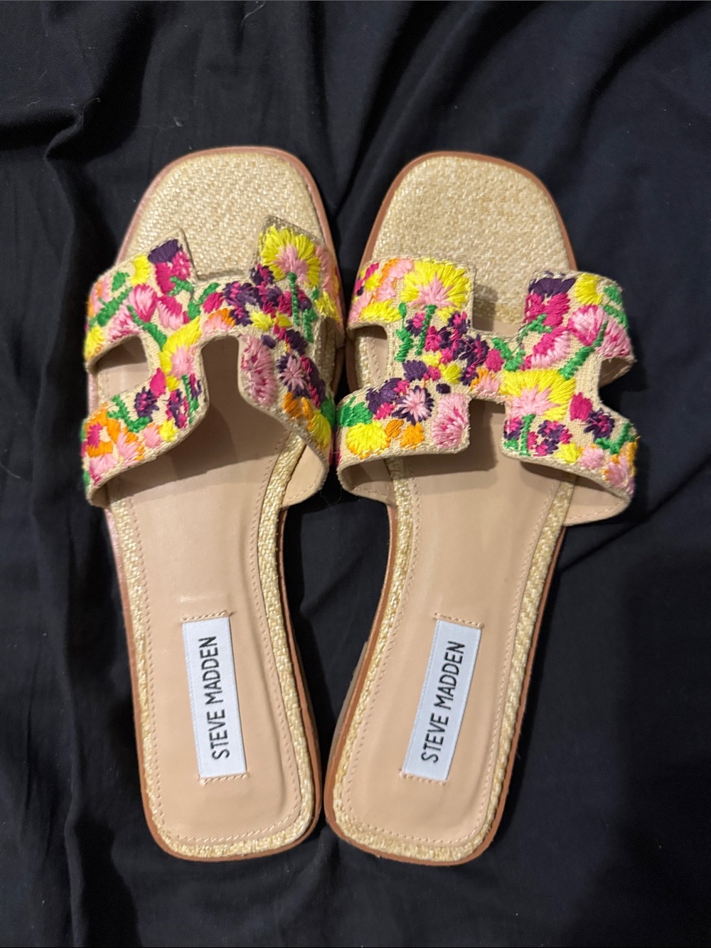 Steve Madden Gold Slide Sandals with Pink, Yellow & Green Floral Embroidery